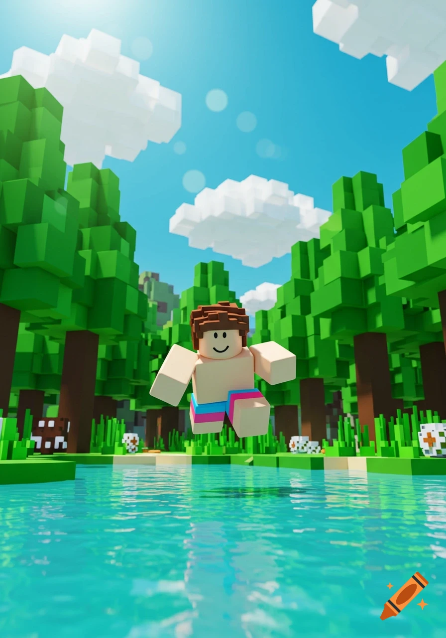 A blocky, Roblox-style character in swim trunks jumps over clear blue water under a sunny sky, surrounded by green block trees and clouds.