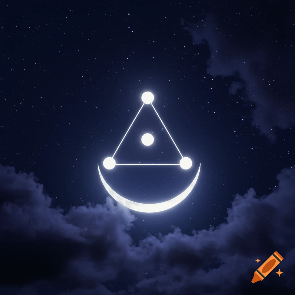 A glowing white crescent moon below a bright white geometric symbol against a dark, star-filled night sky with clouds.