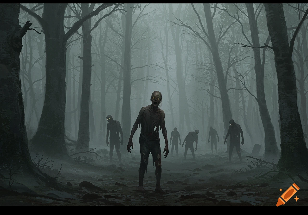 A group of decaying zombies with glowing eyes walking through a dark, foggy forest.