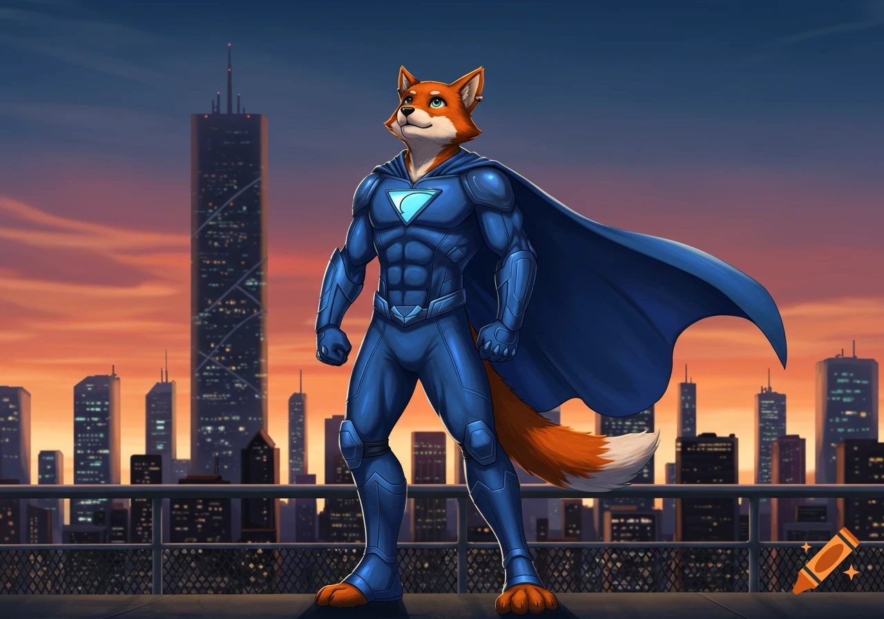 A cartoon superhero fox in a blue suit and cape stands on a city rooftop at sunset.