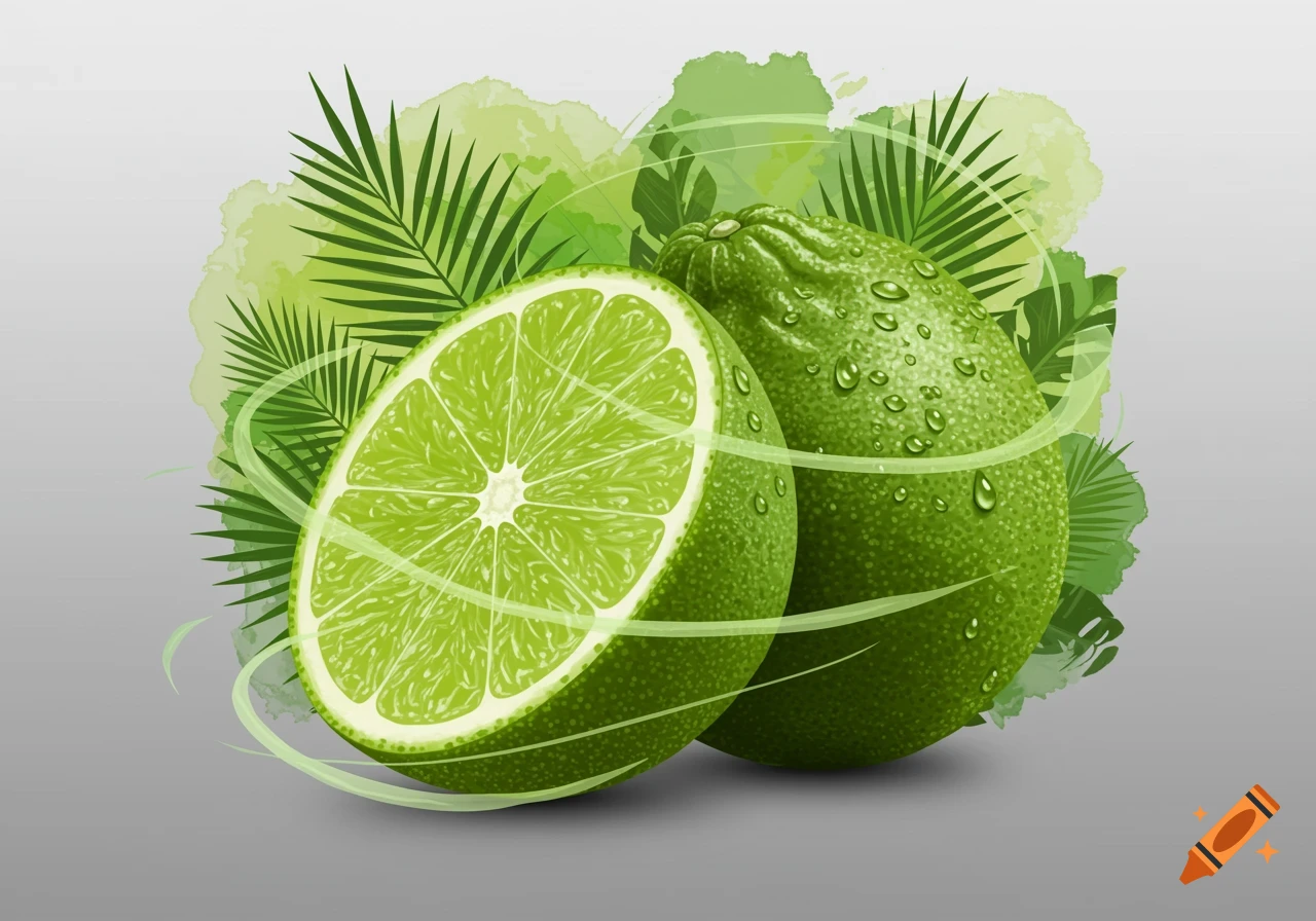 Two fresh green limes, one sliced in half and one whole, covered in water droplets with green leaves and abstract green accents in the background.
