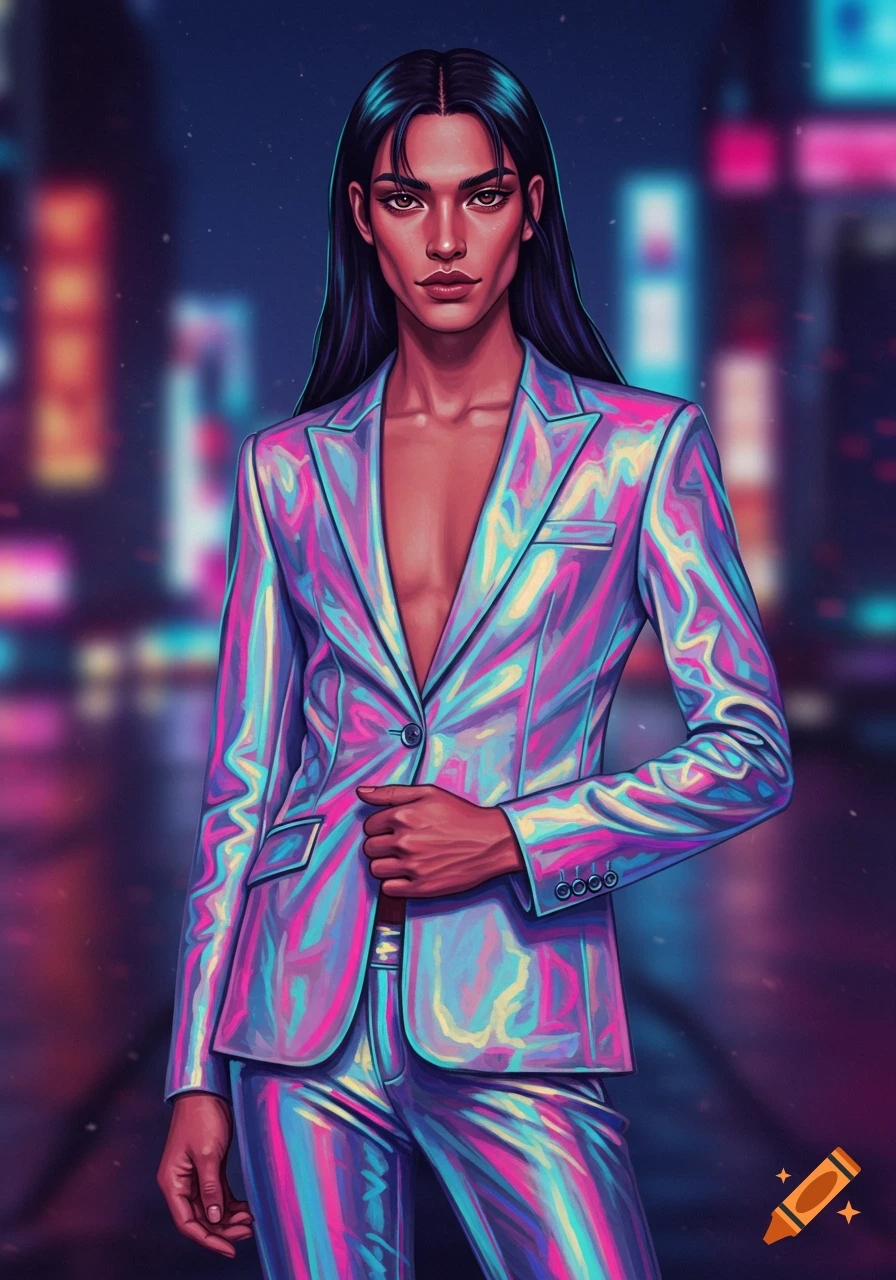 A stylized illustration of an androgynous person with long dark hair, wearing a vibrant iridescent suit, standing against a blurred neon city background.