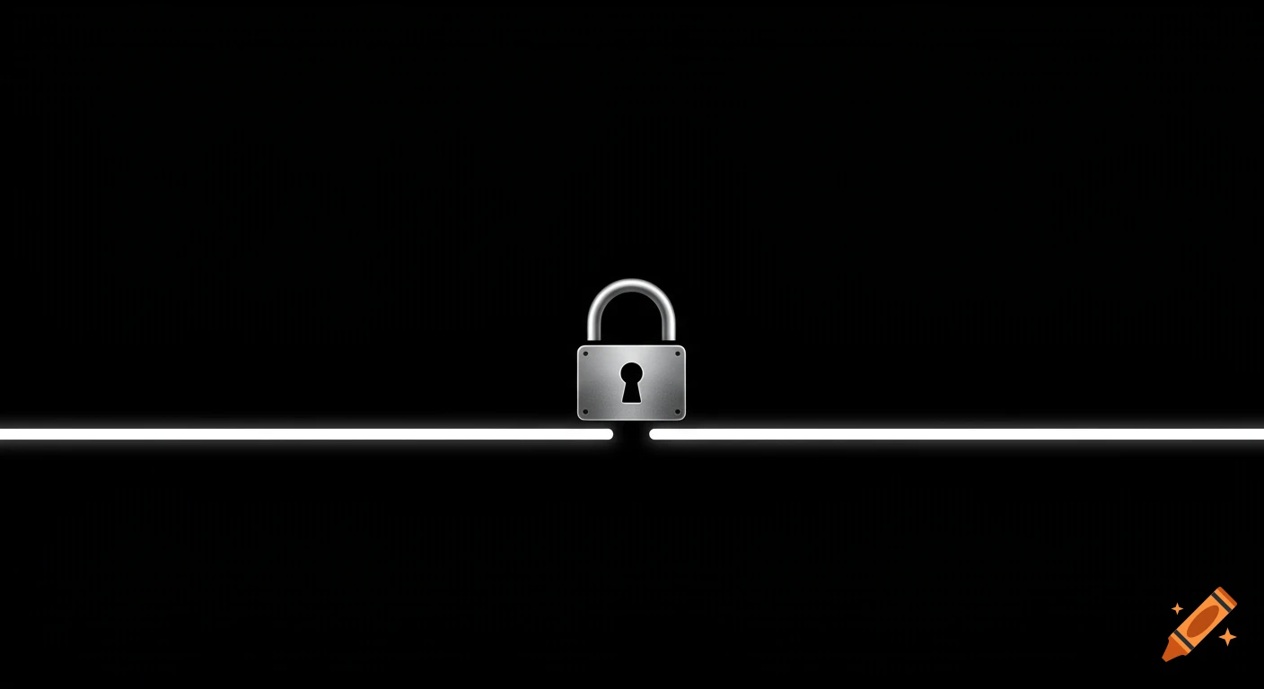 A silver padlock centered on a black background with a thick white horizontal line passing through it.