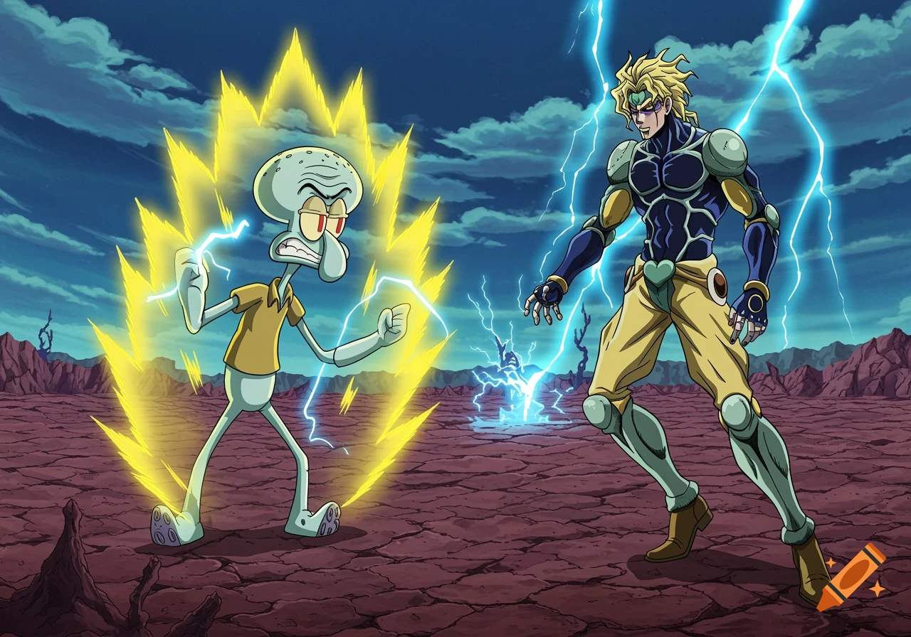 Super Saiyan Squidward battles Dio from JoJo's Bizarre Adventure in an anime style.