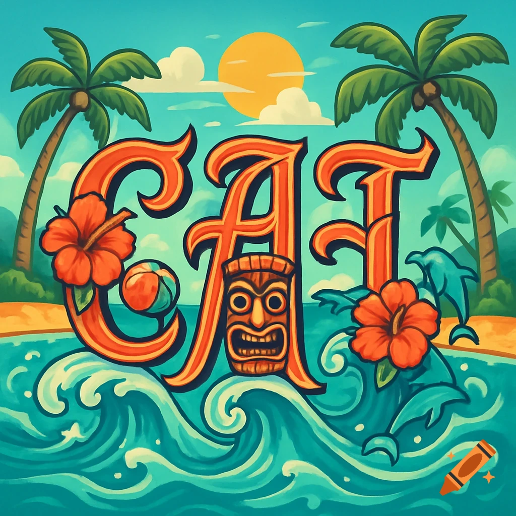Vibrant Hawaiian cartoon illustration of the letters CAT with hibiscus, tiki mask, dolphins, and beach surf elements.