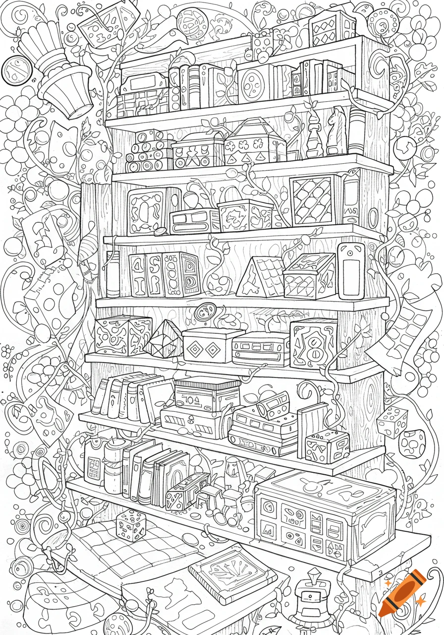 Detailed black and white line art coloring page of a cluttered bookshelf filled with board games and related items.