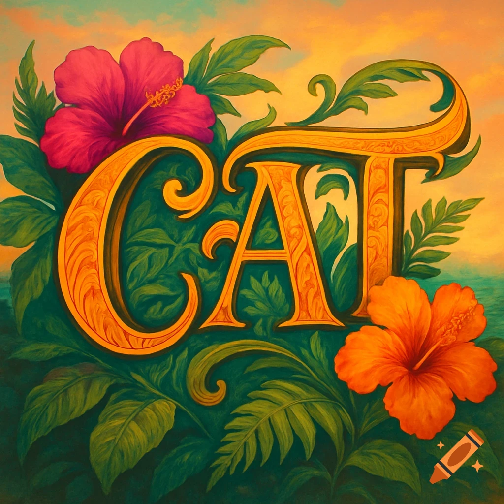 Decorative illustration with the word CAT in ornate gold letters surrounded by pink and orange hibiscus flowers and green tropical foliage.