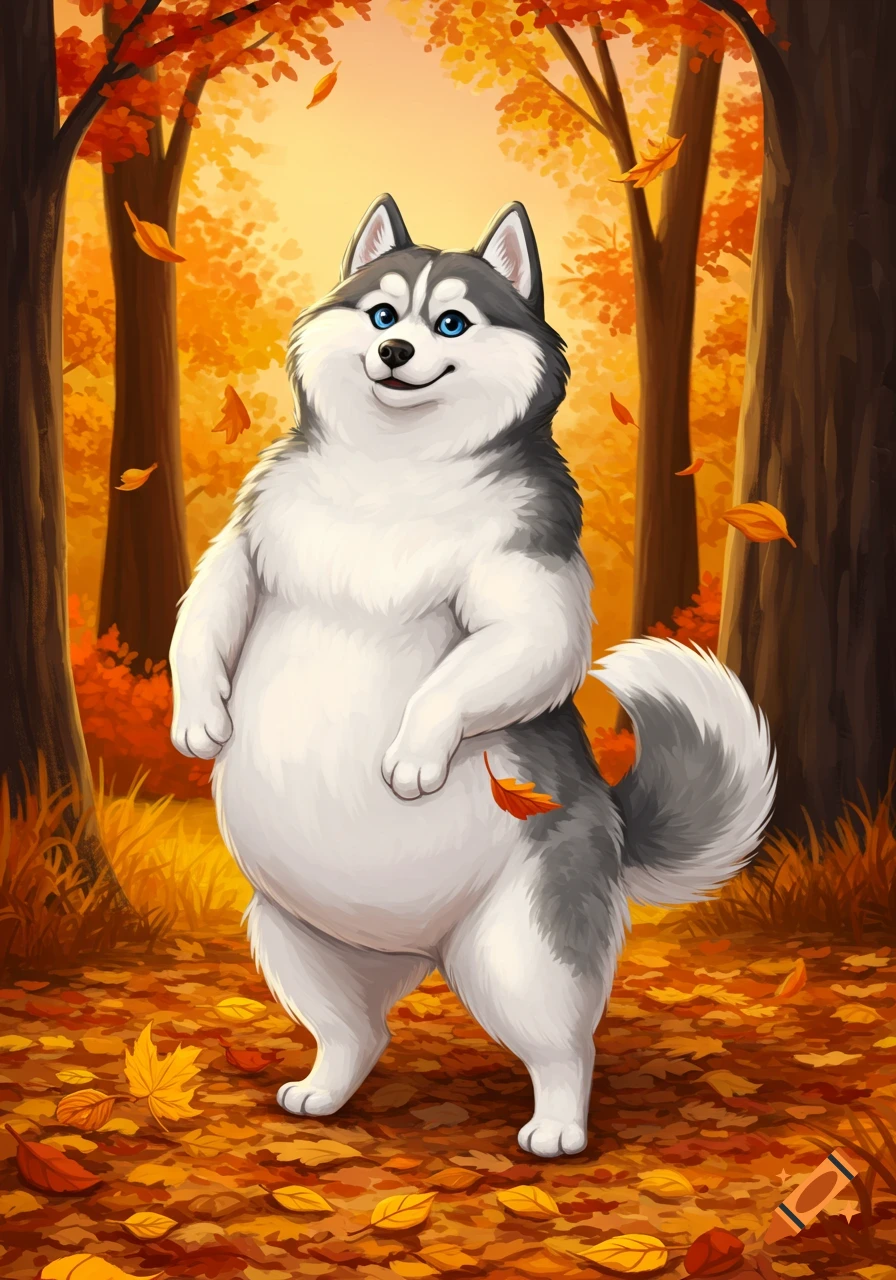 A cartoon fat Siberian husky standing upright in a vibrant autumn forest with falling leaves.