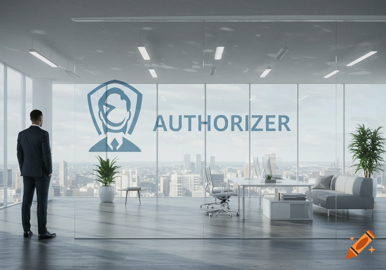 A businessman stands in a modern office overlooking a city, with a blue "AUTHORIZER" logo and text on a glass wall.