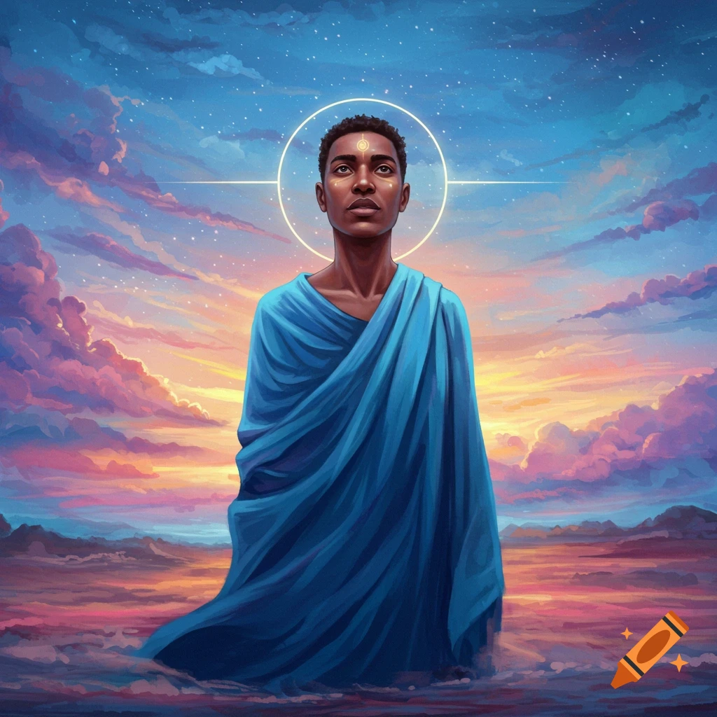 A person in blue robes standing under a vibrant sunset sky, with a glowing halo and symbol on their forehead. Spiritual fantasy art.