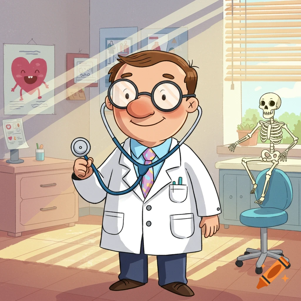 A cartoon doctor in a white lab coat and stethoscope stands in a brightly lit office, smiling, with a skeleton on a chair by the window.