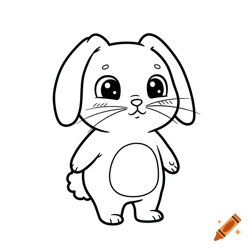 Black and white cartoon drawing of a cute rabbit, suitable for a coloring page.