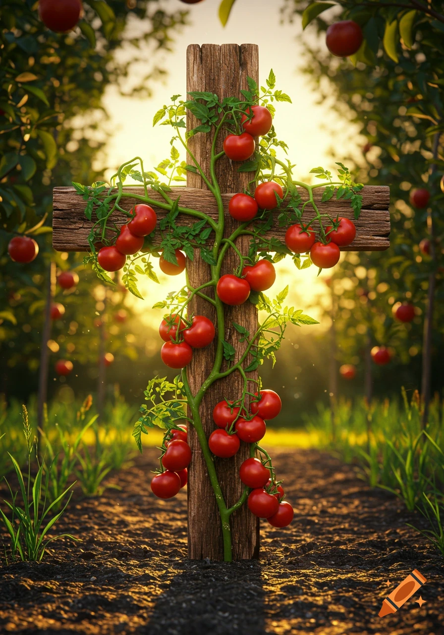 A photorealistic image of a wooden cross covered in vibrant red tomatoes on a lush green plant, set in a sunny field at sunset.