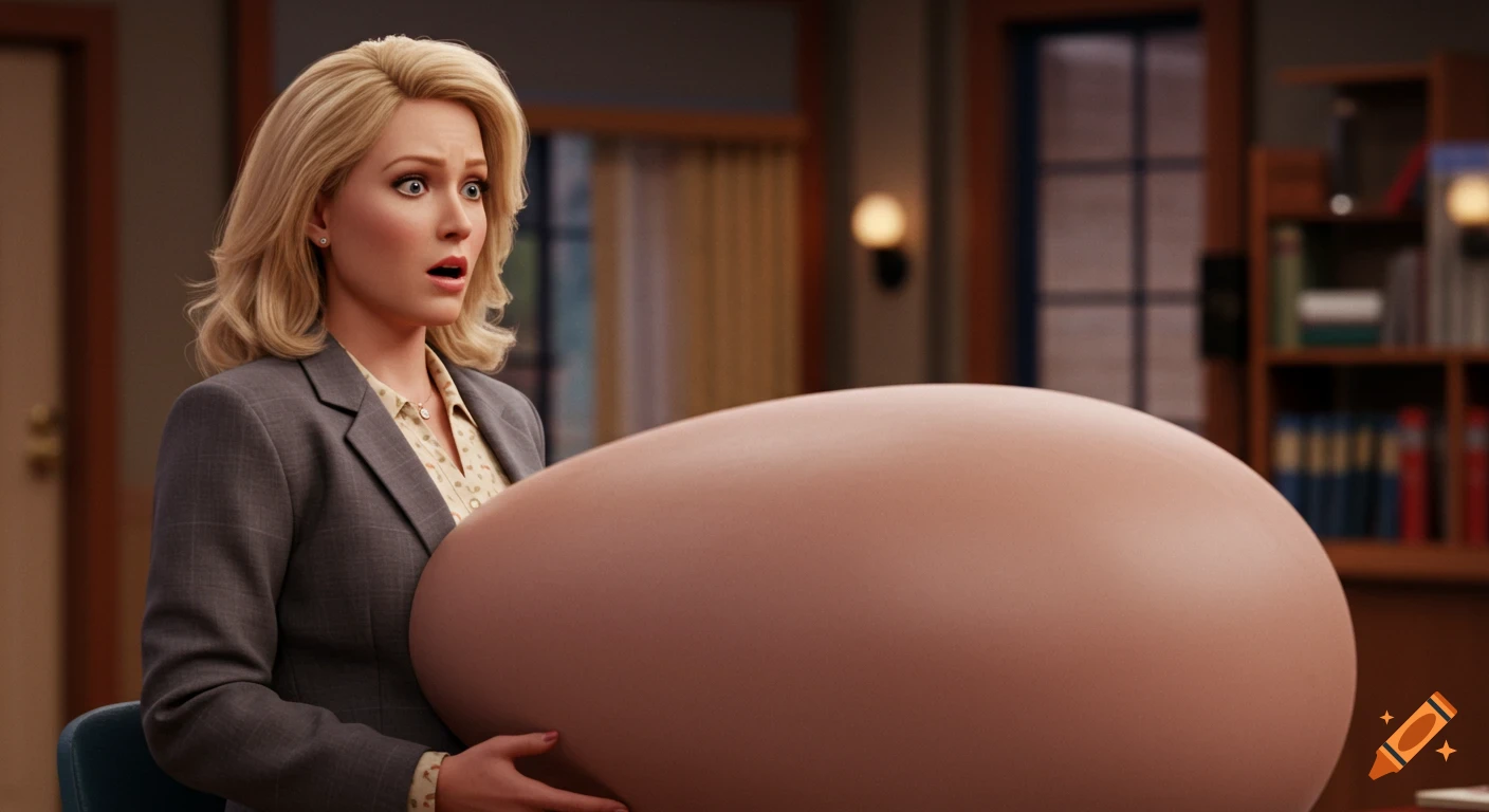 A blonde woman in a blazer looks surprised while holding an impossibly large, smooth, inflated belly that takes up most of the frame in a CGI office setting.