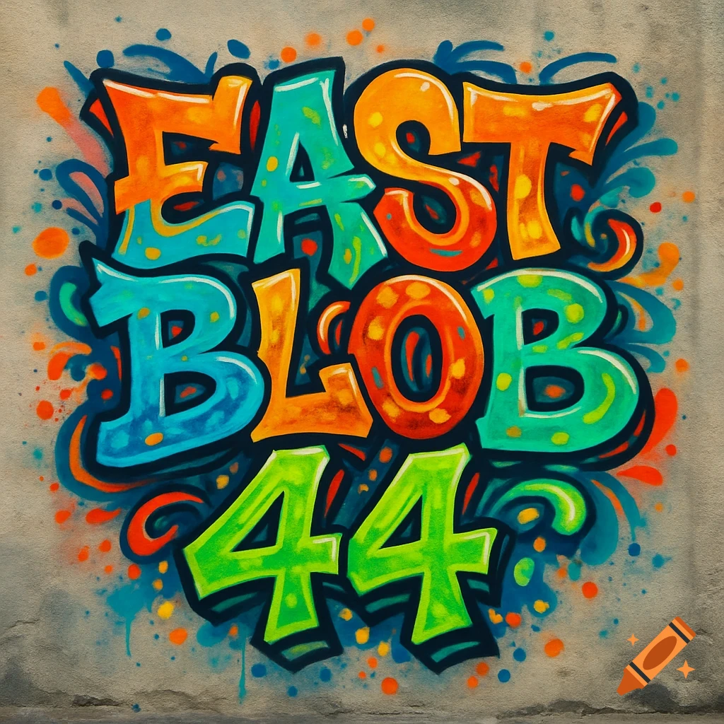 Colorful graffiti logo reading "EAST BLOB 44" on a concrete wall, featuring bold, bubbly letters with drips and splatters.