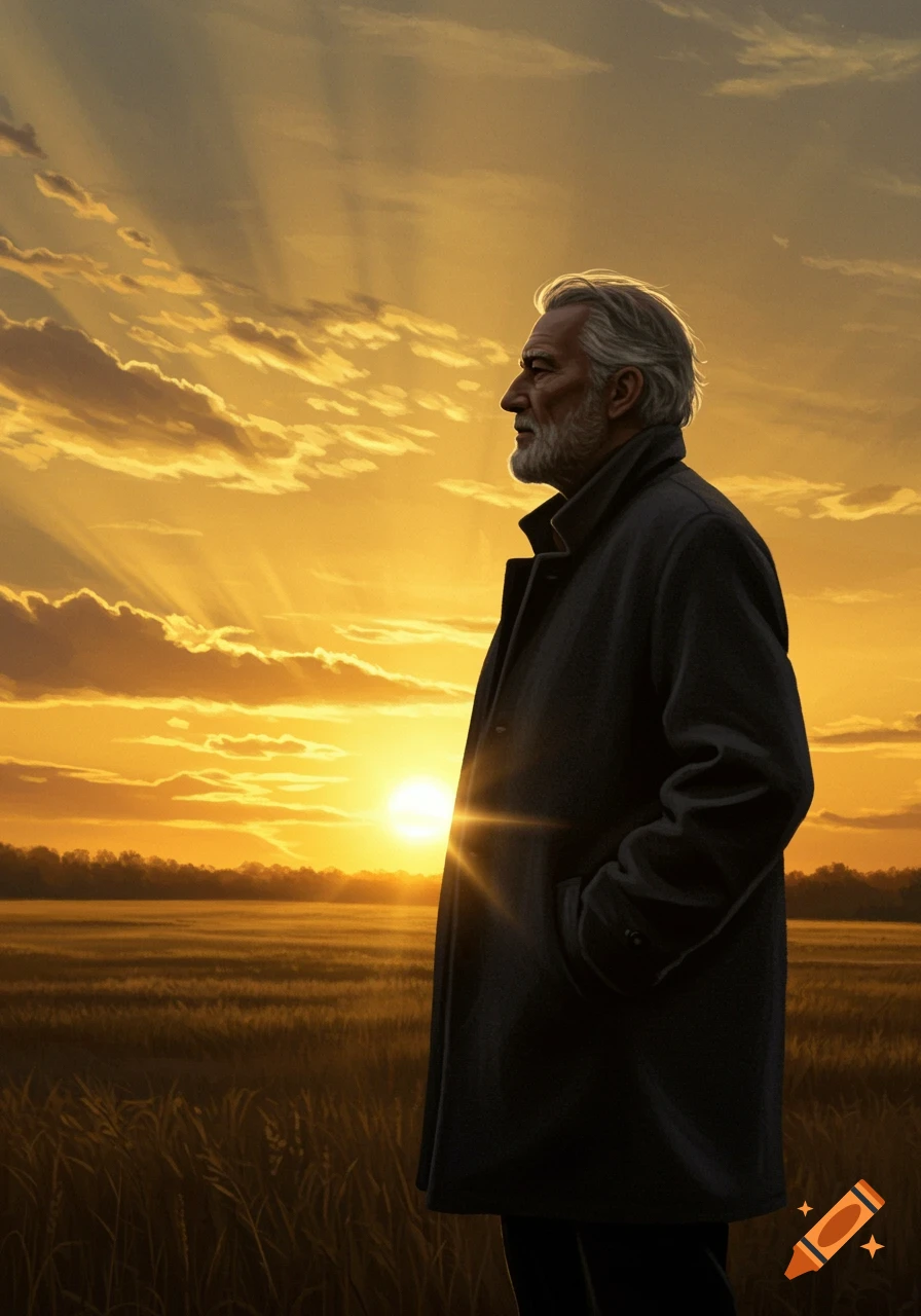 A man with a grey beard and dark coat stands in a field looking at the sunset.