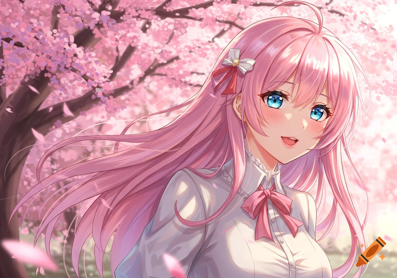 A smiling anime girl with long pink hair and blue eyes stands under a pink cherry blossom tree.