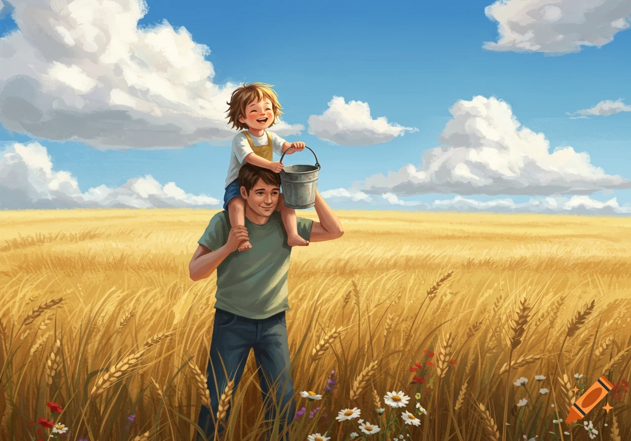 Illustrated father carrying a smiling child on his shoulders through a golden wheat field under a blue sky.
