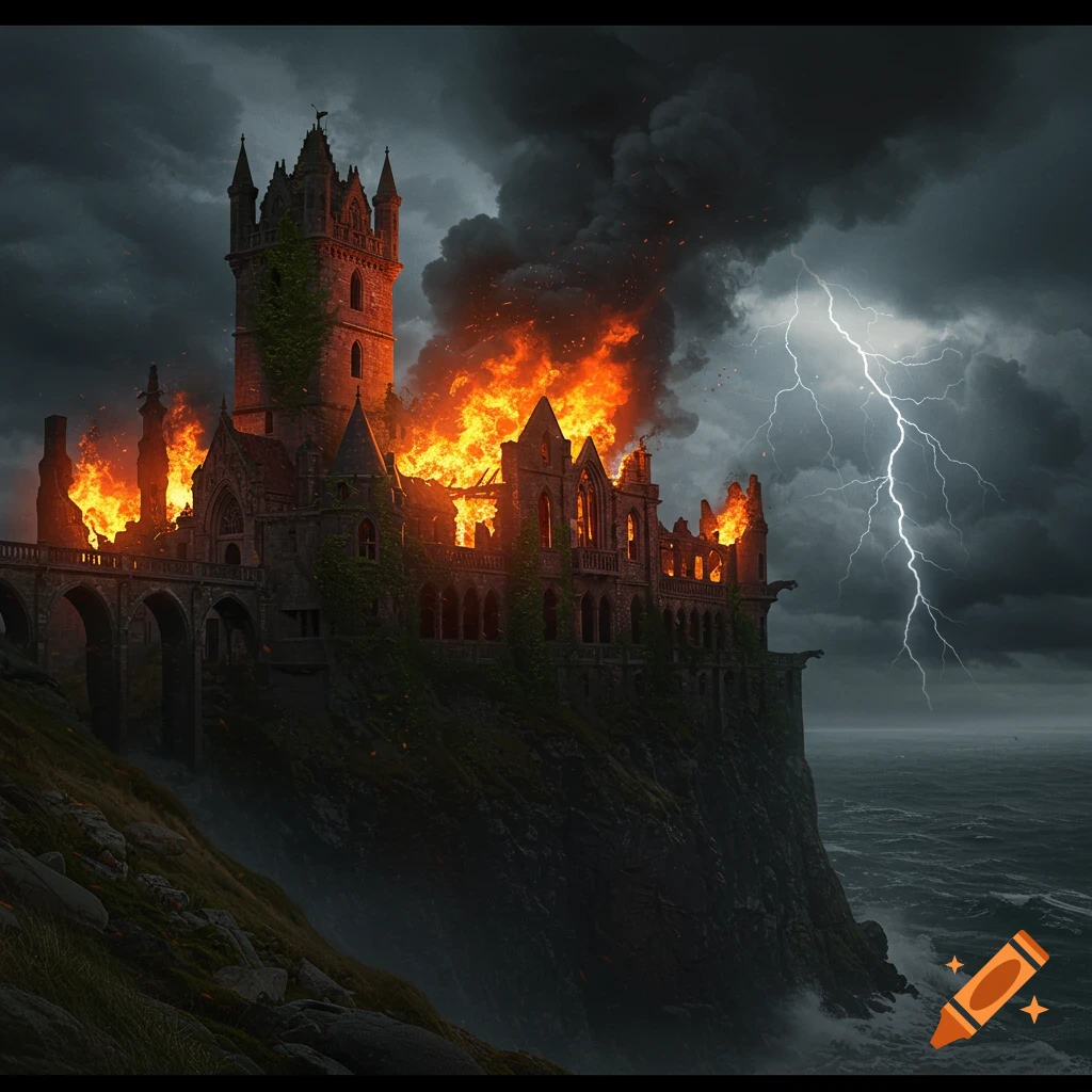 A gothic castle on a cliff edge is engulfed in flames under a dark, stormy sky with a lightning bolt.
