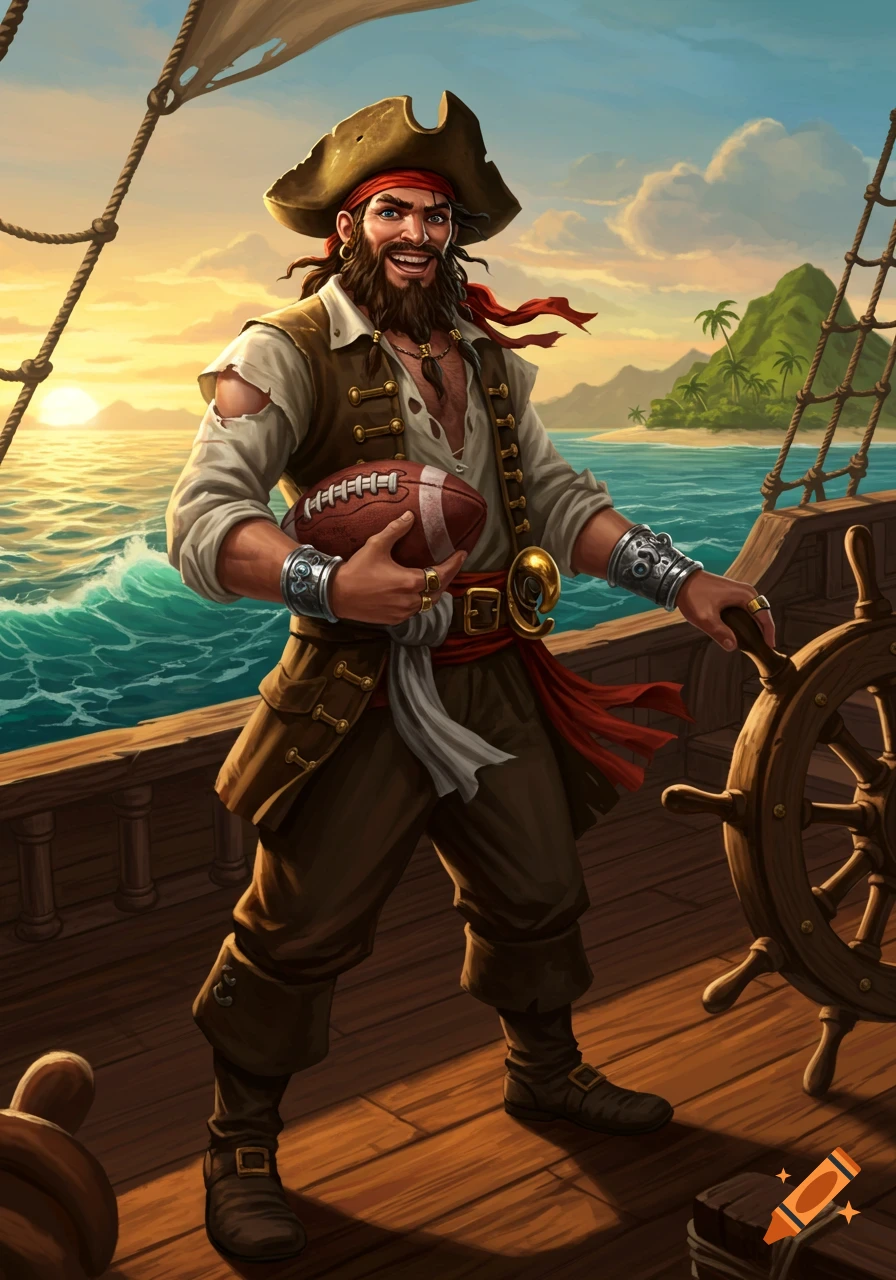 A smiling, bearded pirate on a ship's deck holds a football with one hand on the ship's wheel. A tropical island and sunset are in the background.