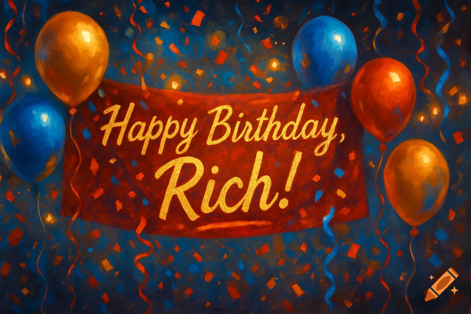 A birthday banner with "Happy Birthday, Rich!" in gold text, surrounded by blue and orange balloons and confetti, in a painterly style.