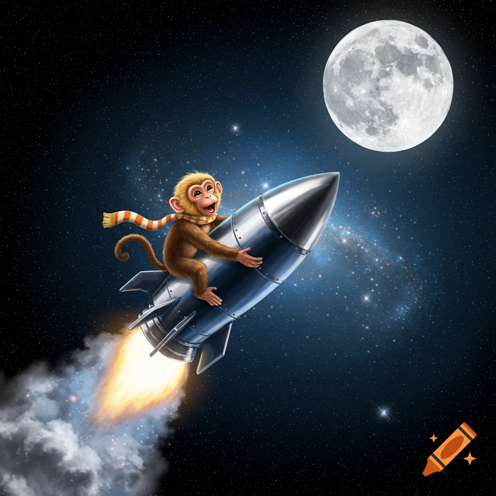 A happy cartoon monkey wearing a scarf rides a silver rocket through space towards a bright full moon.