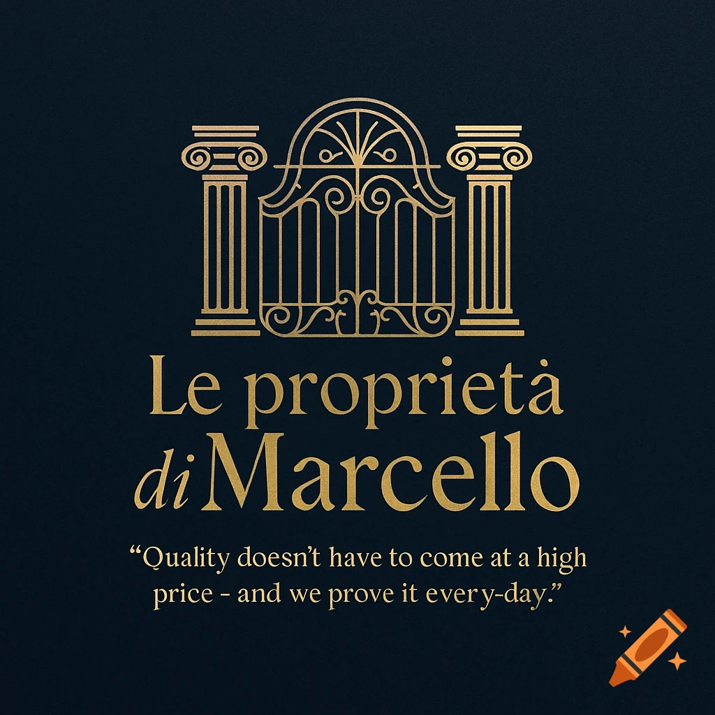 A gold-colored logo featuring an ornate gate flanked by two classical columns, above the text "Le propriet di Marcello" and a quote, all on a dark navy background.