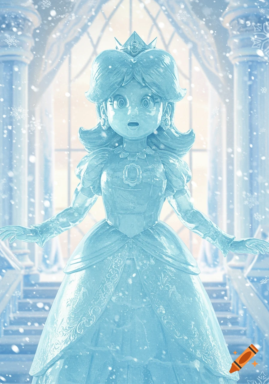 Princess Daisy as a surprised ice statue, standing in a grand hall with snowflakes falling around her.