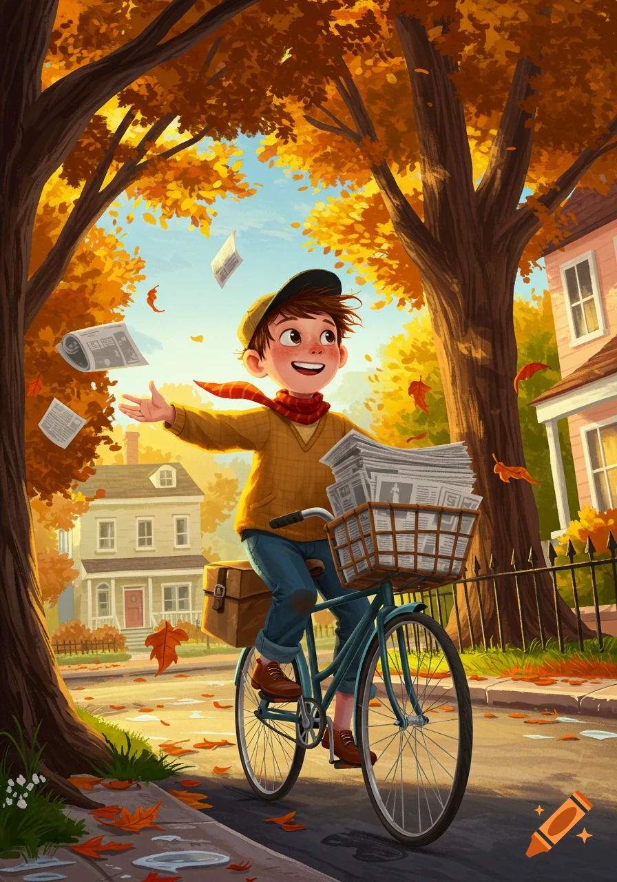 An illustrated boy on a bicycle delivering newspapers on an autumn street with falling orange leaves and houses.