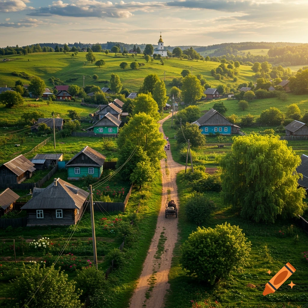 Aerial view of a rural Ukrainian village at sunset, with traditional houses, green hills, a winding dirt road, and a church steeple.