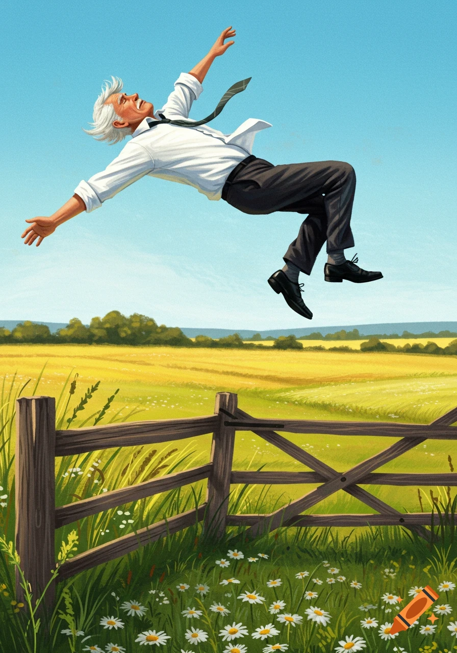 An older man in a white shirt and tie floats backward over a wooden fence in a sunny field with daisies, in an illustrative style.