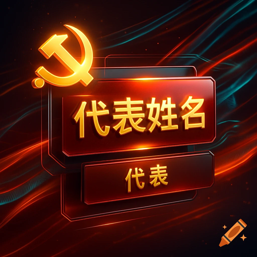 A glowing golden hammer and sickle emblem above red panels with Chinese text 'Representative Name' and 'Representative' on a futuristic background.