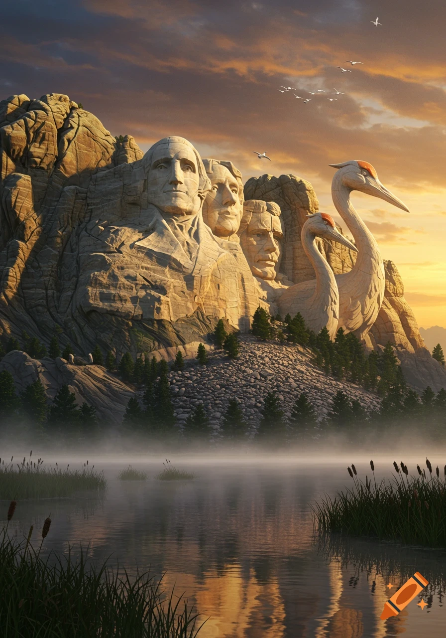 Surreal photorealistic image of Mount Rushmore with additional giant crane carvings, overlooking a misty lake at sunset.