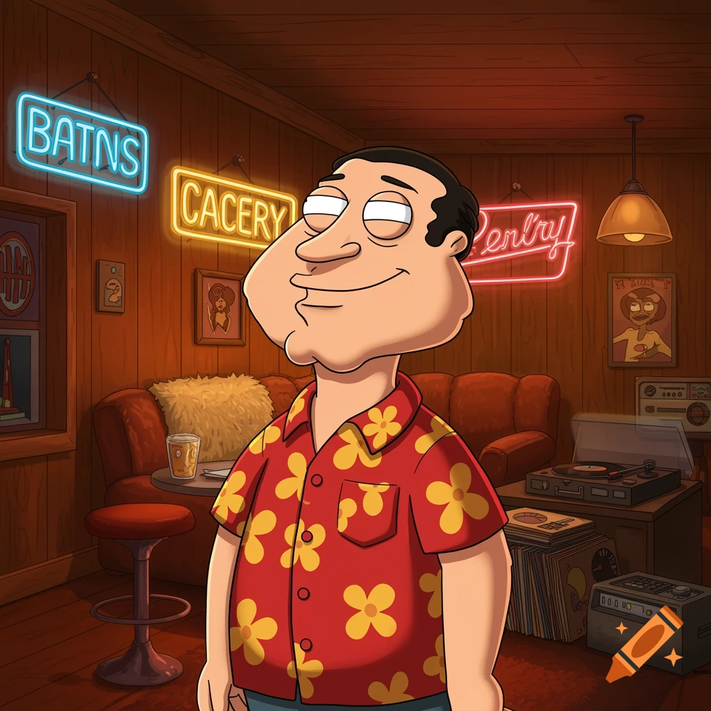 Cartoon character Glenn Quagmire, from Family Guy, smiles in a dimly lit bar with neon signs.