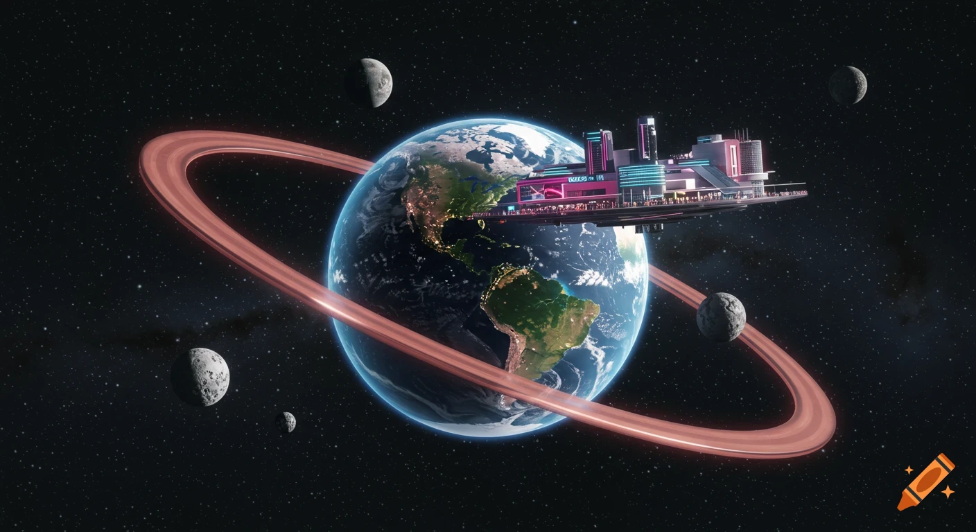 A large Earth-like planet with rose gold rings, orbited by a futuristic intergalactic mall. Several moons dot the starry space background.