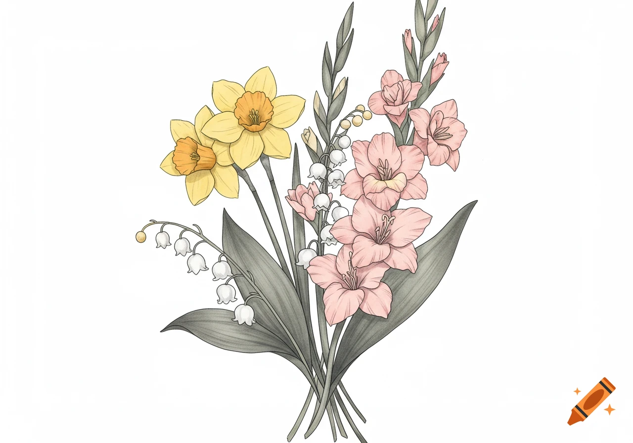 An illustration of a bouquet with yellow daffodils, white lily of the valley, and pink gladioli flowers.