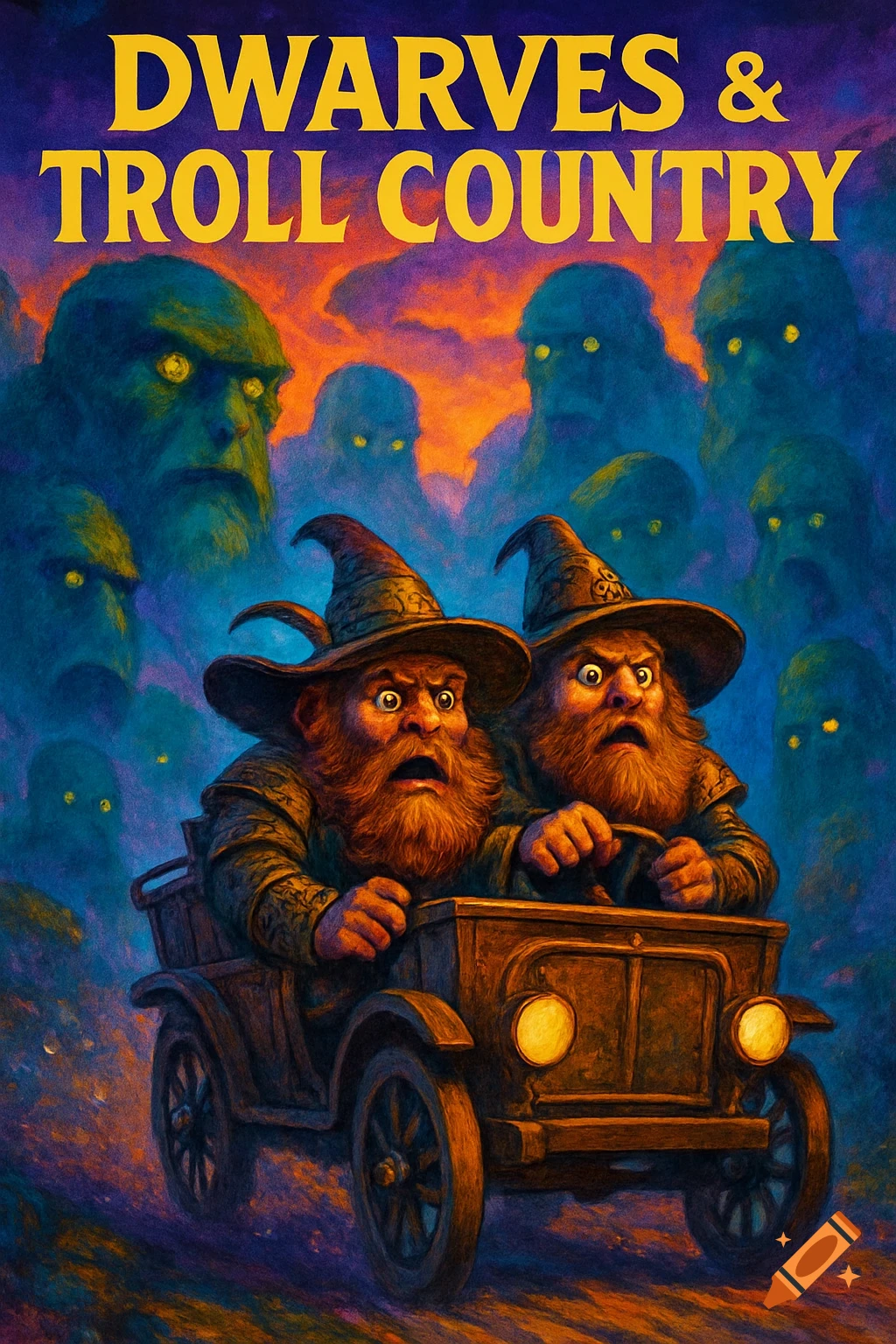 A vibrant fantasy poster features two startled dwarves in an old car fleeing shadowy trolls under a dramatic sky.