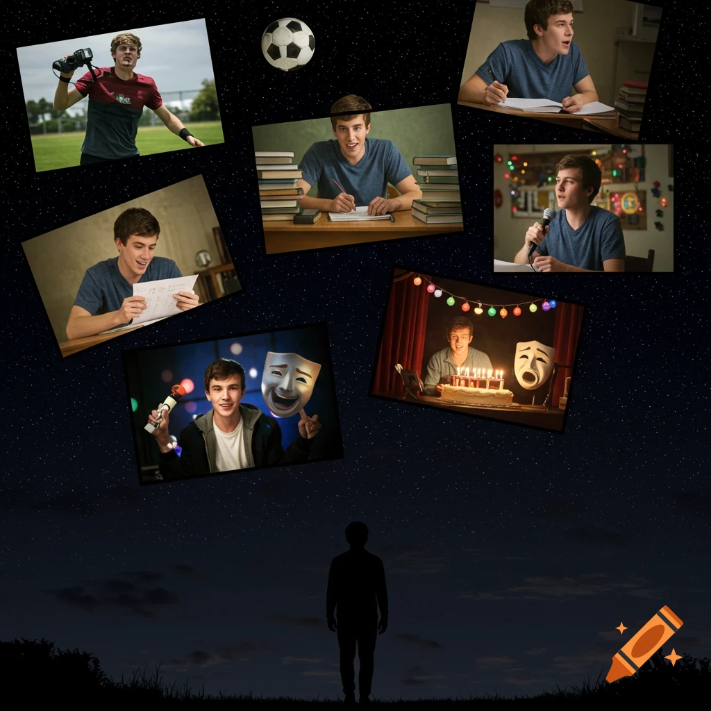 A silhouette of a young man looks up at a night sky filled with photo vignettes depicting milestones: playing football, studying, taking an exam, acting, interviewing, and celebrating a birthday.