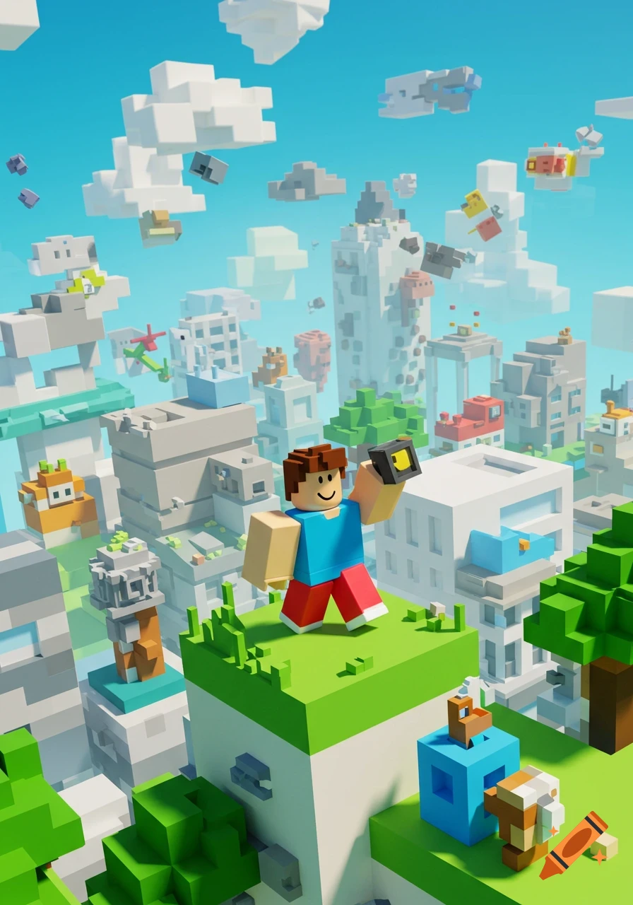 A blocky character resembling a Roblox avatar stands in a vibrant voxel world with floating structures and clouds.