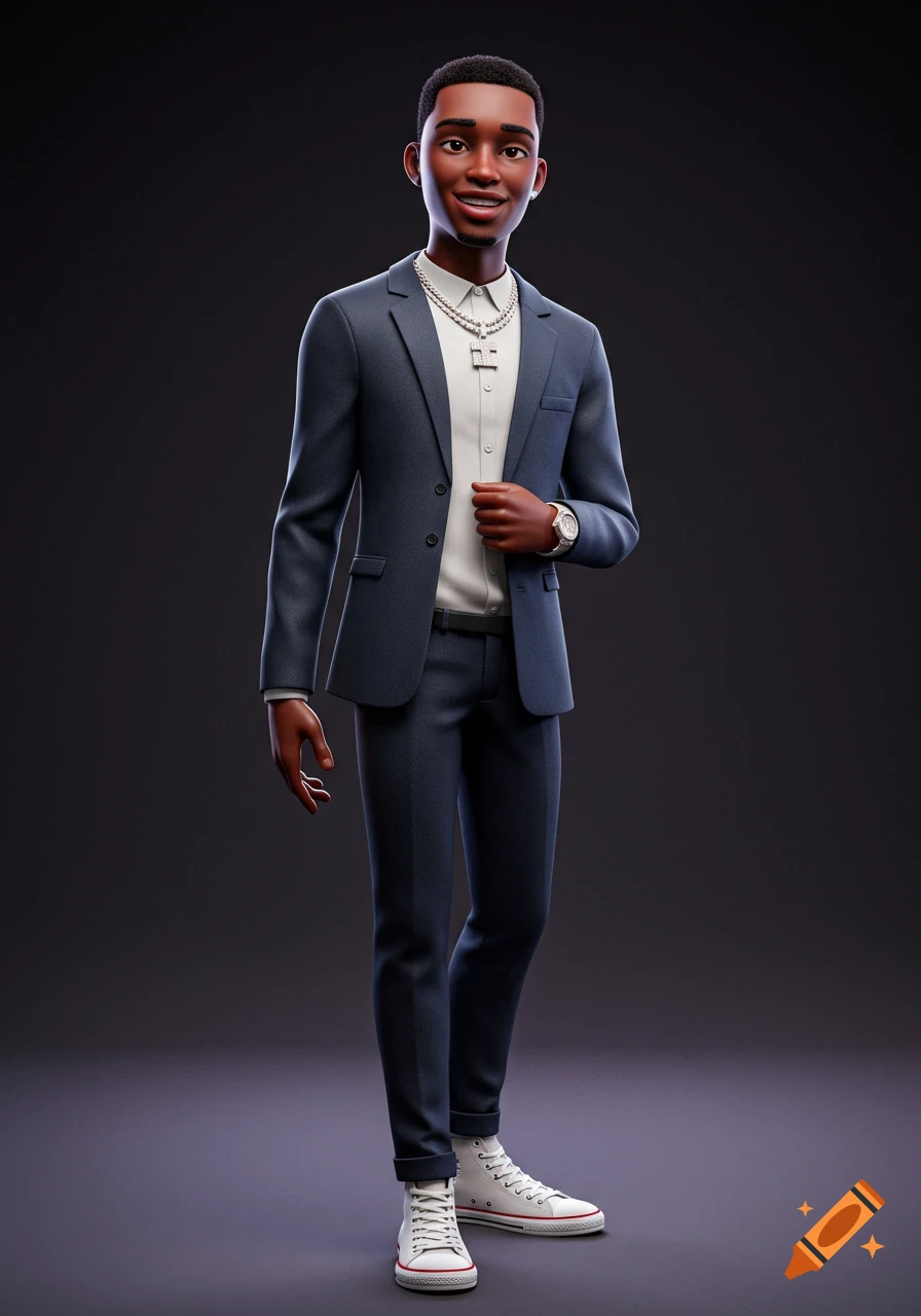 A full-body digital art portrait of a smiling Black man in a dark suit, white shirt, diamond chain, and white Converse sneakers.