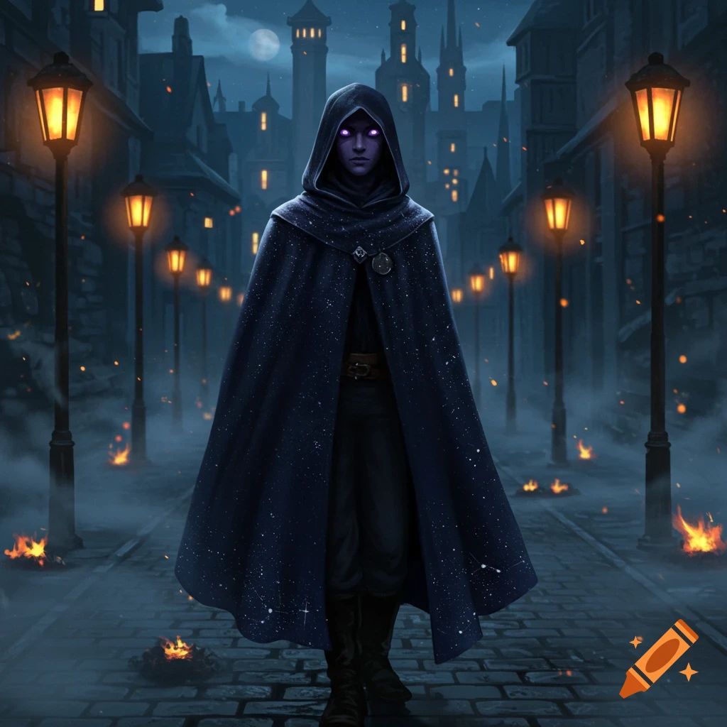 A mysterious figure in a dark, star-patterned cloak with glowing purple eyes stands on a cobblestone street in a spooky, gaslit town at night.