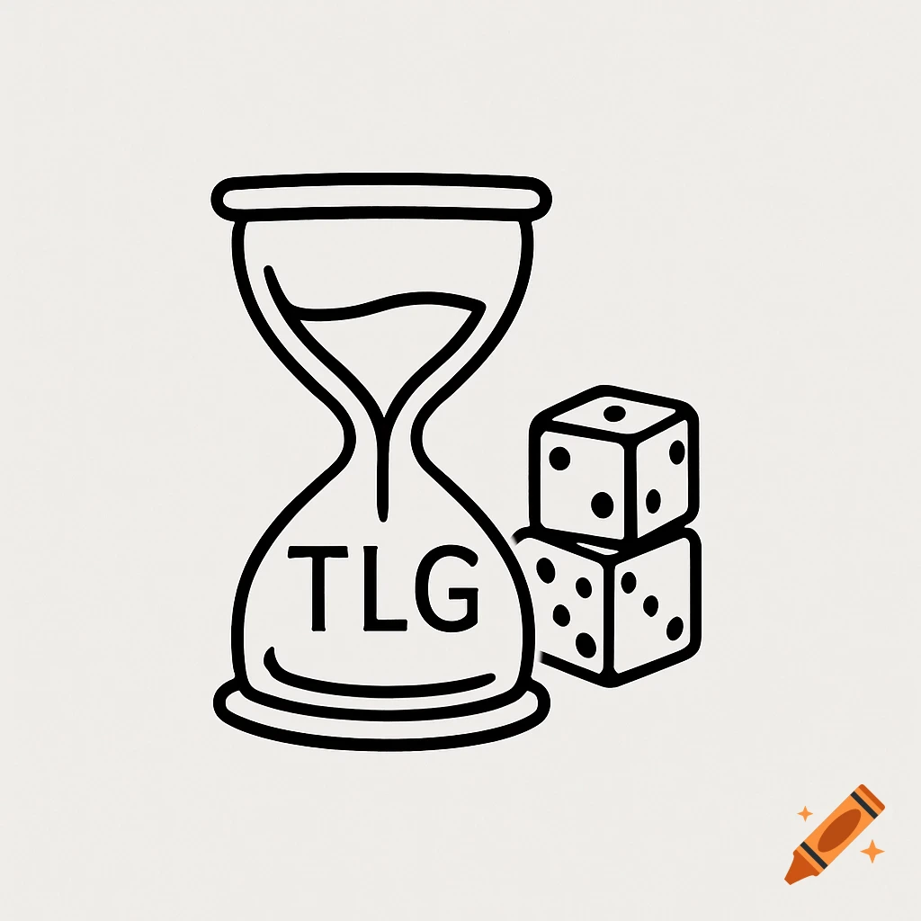 A simple black and white line drawing of an hourglass with 'TLG' inscribed on its base, next to two stacked dice.