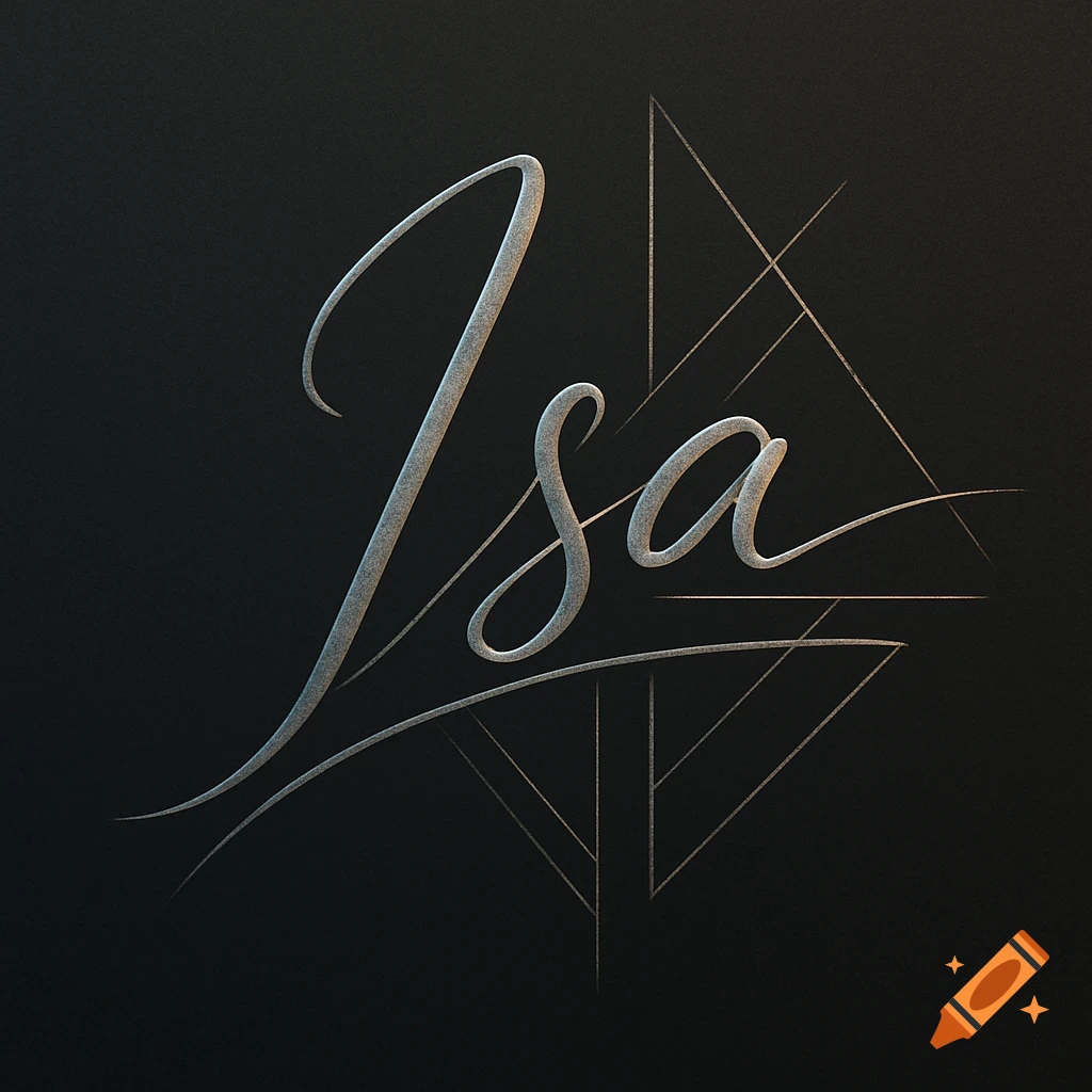 Stylized metallic script of the name Isa on a dark background with abstract geometric lines.