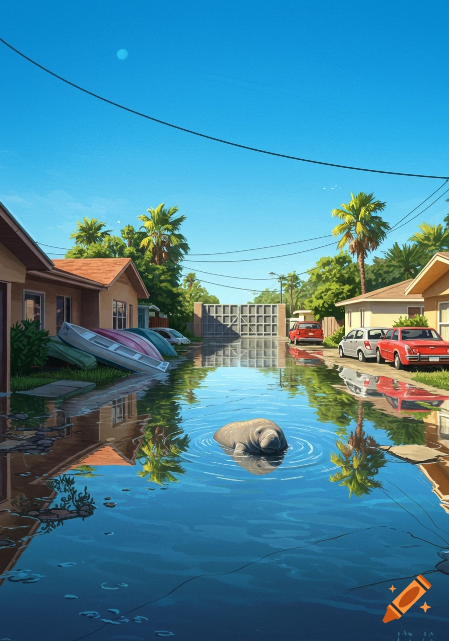 A manatee floats in a flooded street, with houses, boats, and cars visible along the water in a sunny, clear day.