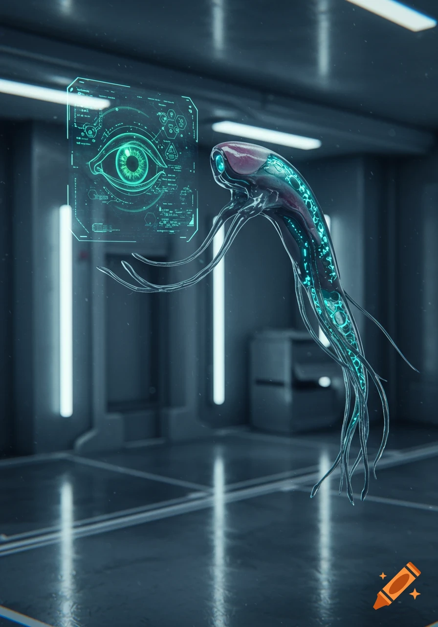 A sleek, glowing alien instrument examines a holographic human eye display in a dark, futuristic laboratory.