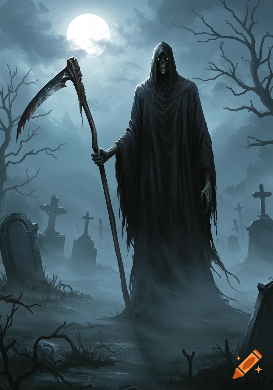A tall Grim Reaper holding a scythe stands in a misty graveyard under a full moon, dark fantasy illustration.