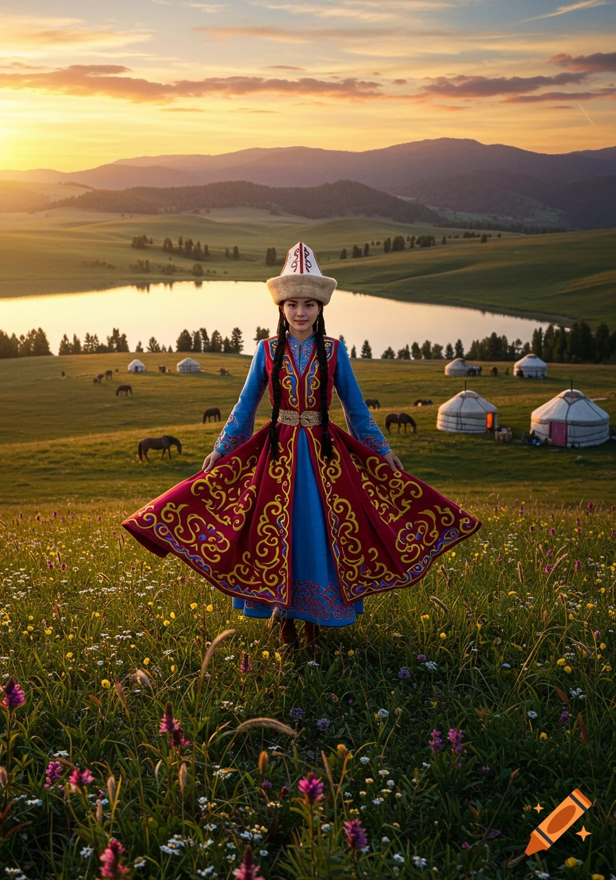 A woman in a vibrant traditional Kyrgyz dress and hat stands in a flower-filled field with yurts, a lake, and mountains at sunset.