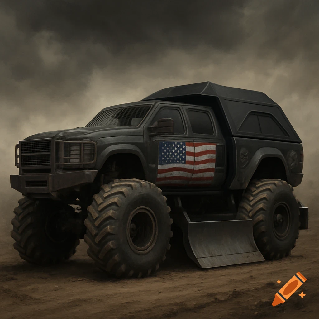 A rugged, dark gray monster truck with an American flag painted on its side, a front plow, and large tires, parked on a dirt ground under a cloudy, ominous sky.