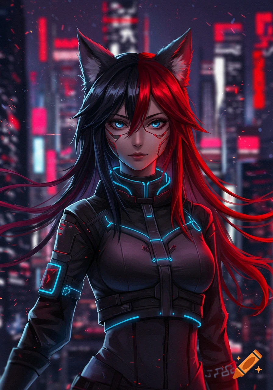 A cyberpunk anime wolf girl with split black and red hair, glowing blue eyes, and a black techwear outfit stands against a neon city background.