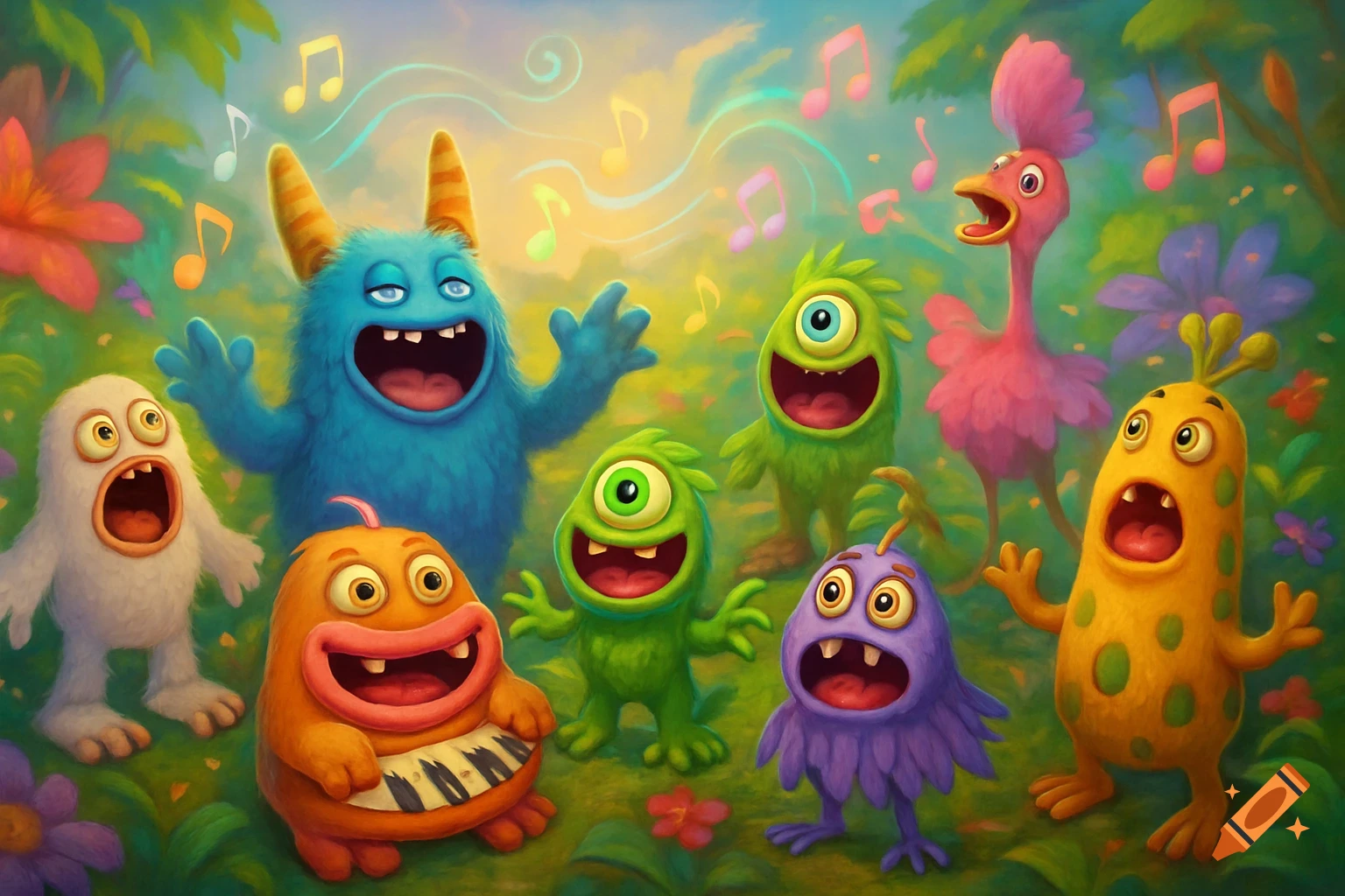 A group of colorful, cartoon monsters singing in a vibrant jungle with musical notes floating around them.